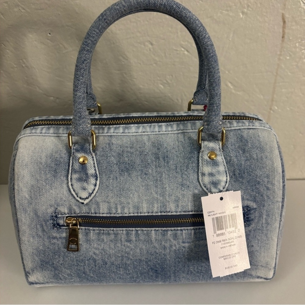 COACH Loved Denim Medium Rowan Satchel Bag with Pink Tassel Charm - Picture 3 of 5